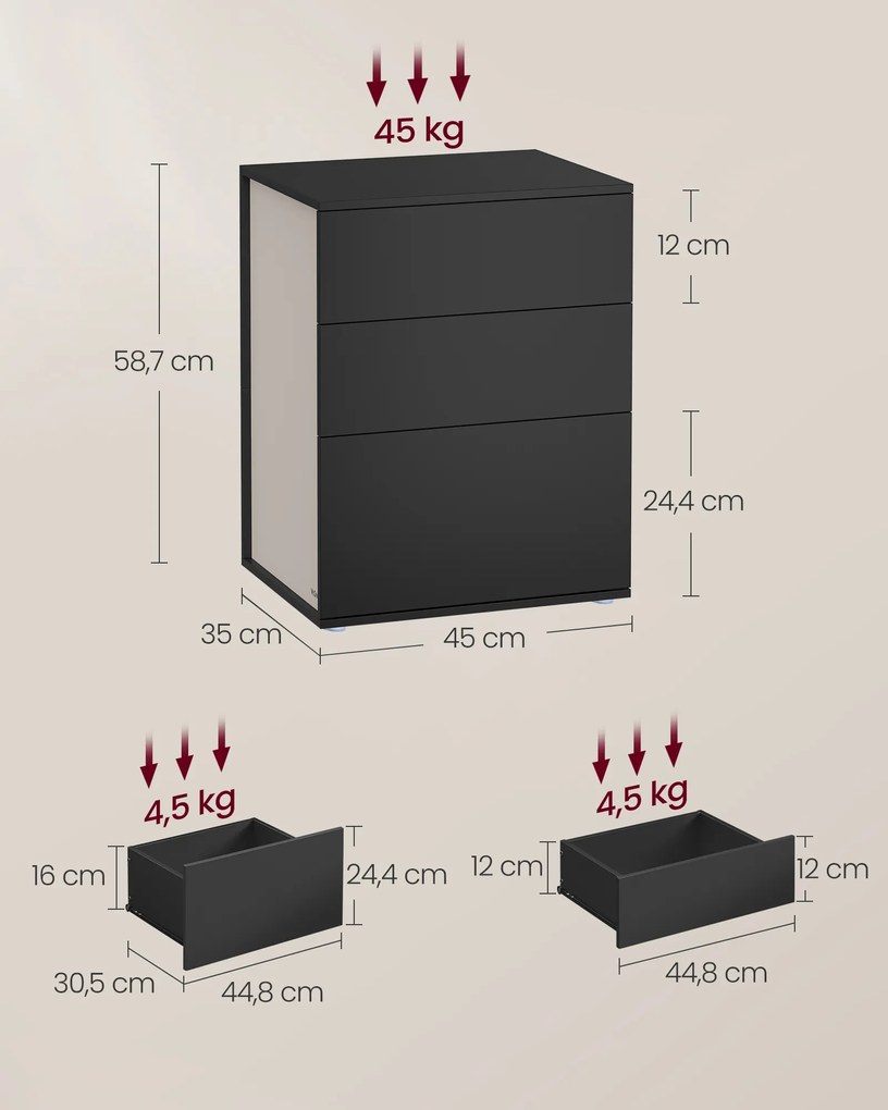 Mesa de cabeceira com 3 gavetas 35 x 45 x 58,7 cm Preto-cappuccino bege