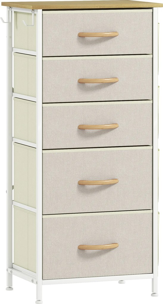 HOMCOM Cômoda de quarto com 5 gavetas de tecido, travessas de aço, superfície de madeira, 4 bolsos de arrumação, 2 ganchos, Bege | Aosom Portugal