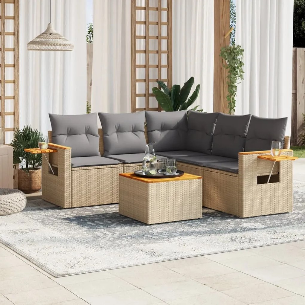 6 pcs conjunto de sofás p/ jardim com almofadões vime PE bege