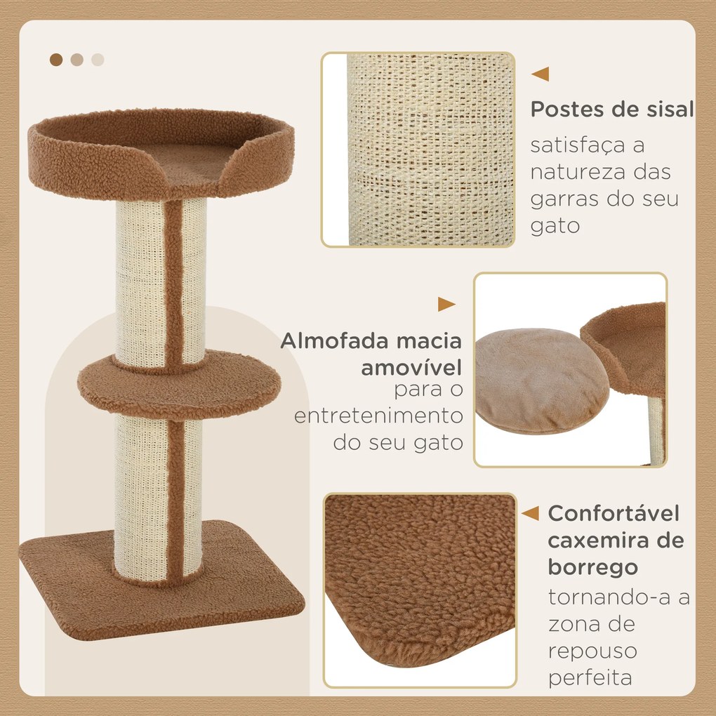 Arranhador para Gatos Altura 91 cm de 3 Níveis com Ninho Plataforma e Poste de Sisal 45x45x91 cm Castanho Claro