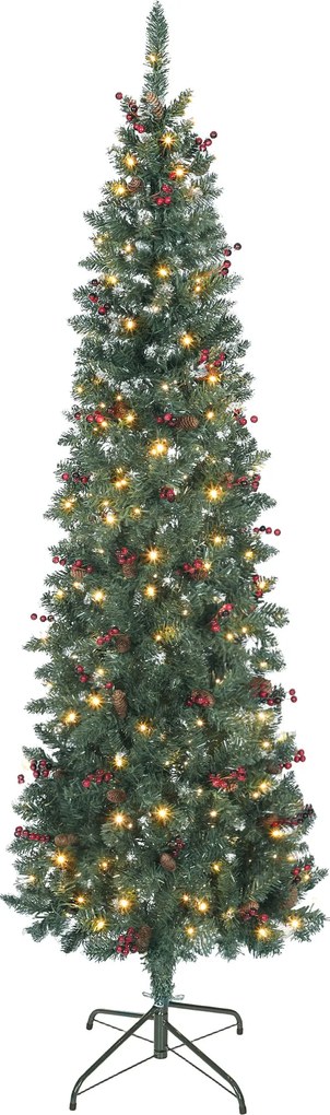 HOMCOM Árvore de Natal Slim 210 cm com Luzes LED 8 Modos de Iluminação 656 Ramos com Purpurina Prateada Pinhas e Bagas Verde | Aosom Portugal