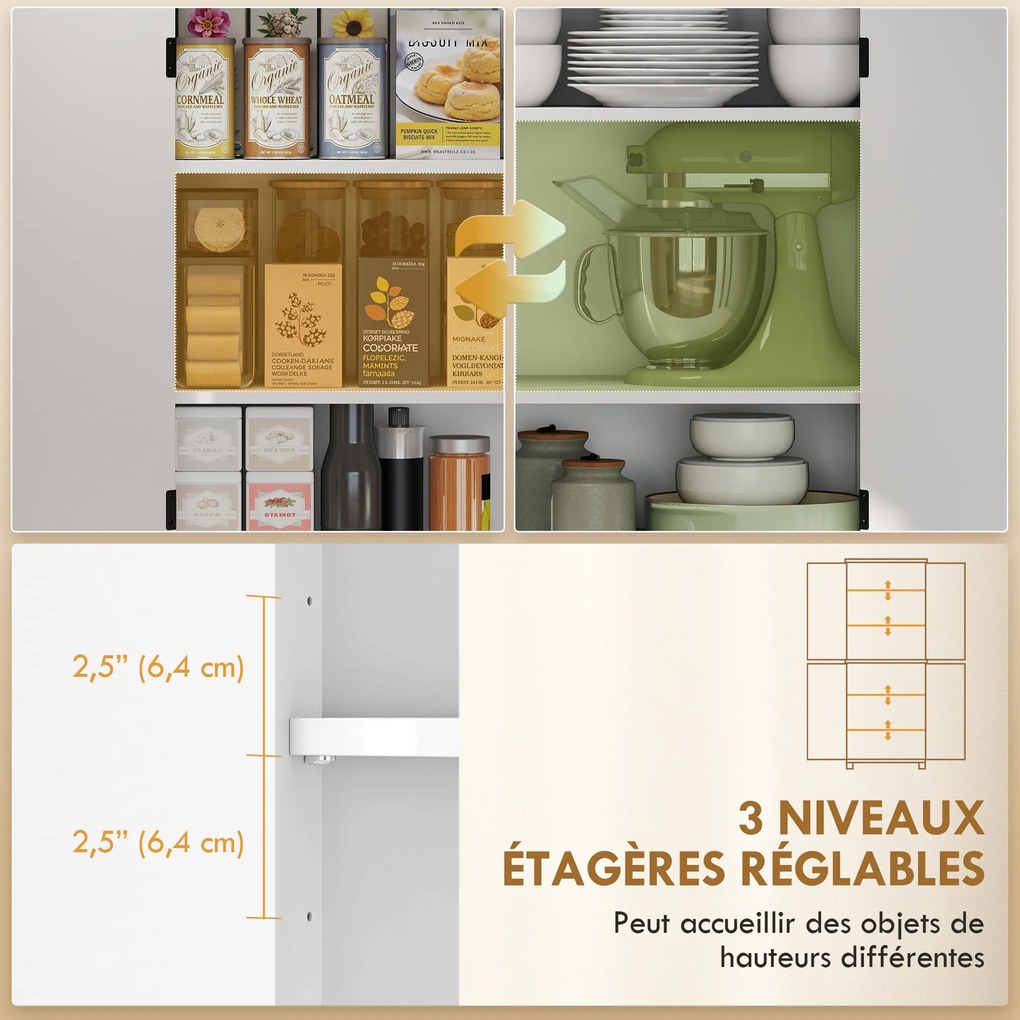 Armário de cozinha 76 x 40 x 178,5 cm, com 6 níveis, 4 portas com padrão em espinha e 4 prateleiras ajustáveis, branco