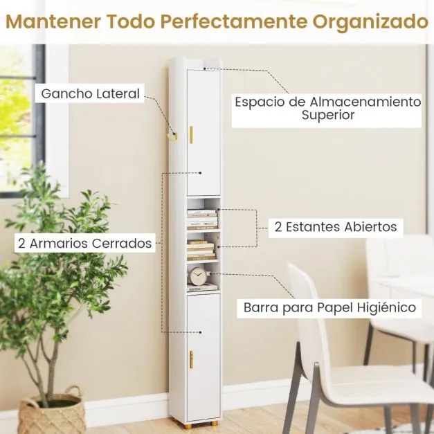 Armário de Casa Banho alto 20 x 20 x 179 cm com prateleiras ajustáveis, gancho lateral, barra e suporte para papel higiênico Branco