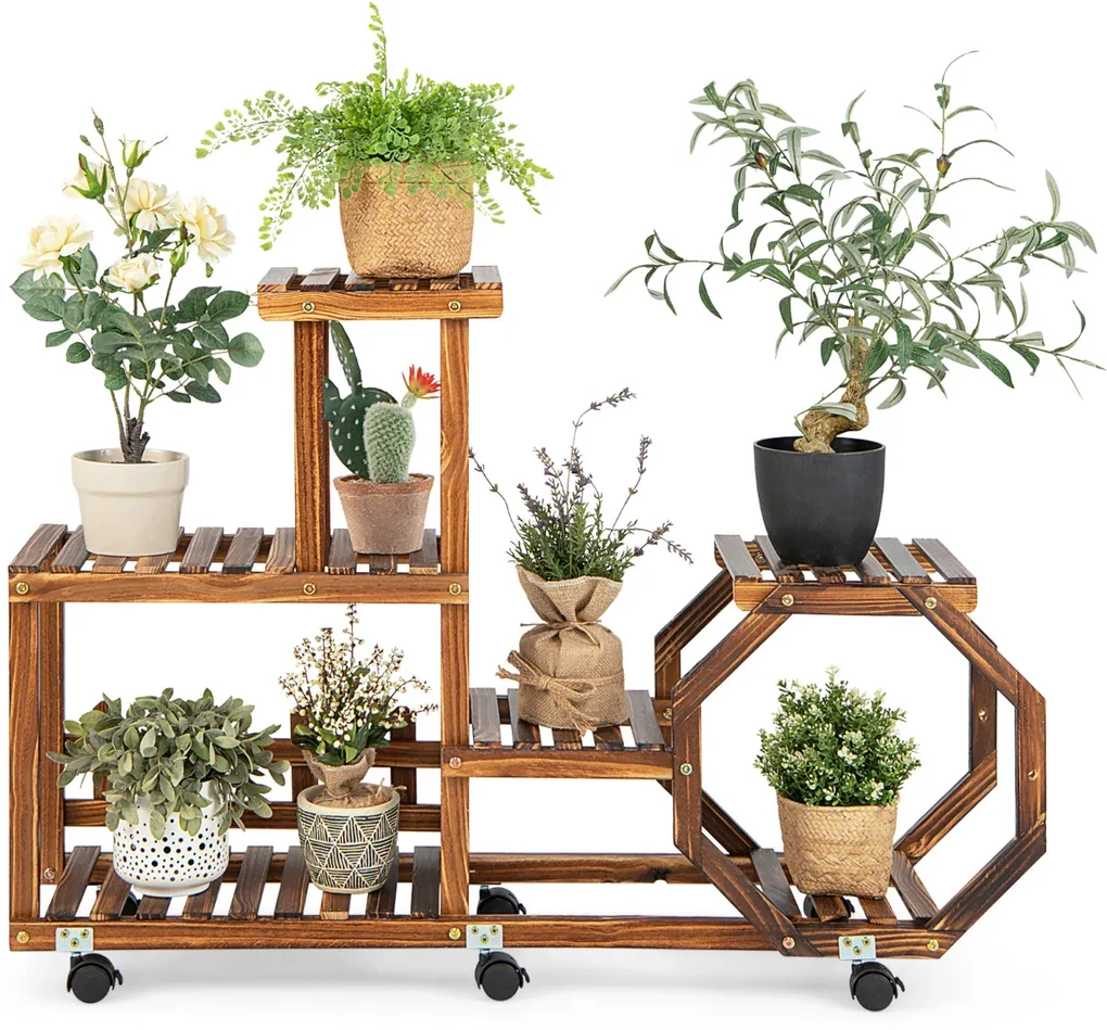 Prateleira de flores de madeira multicamada para plantas com rodas com ...