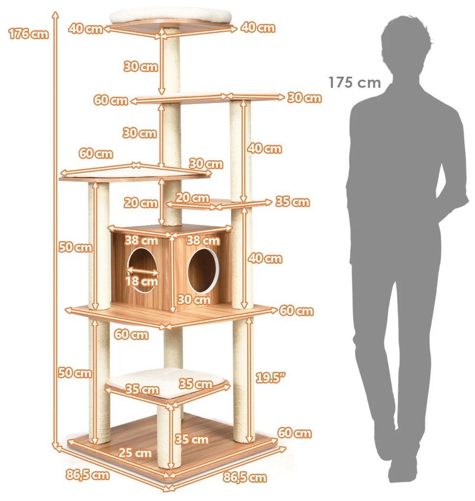Árvore para gatos para escalar Árvore de atividade multinível de 176 cm com plataformas para arranhar colunas de corda de sisal