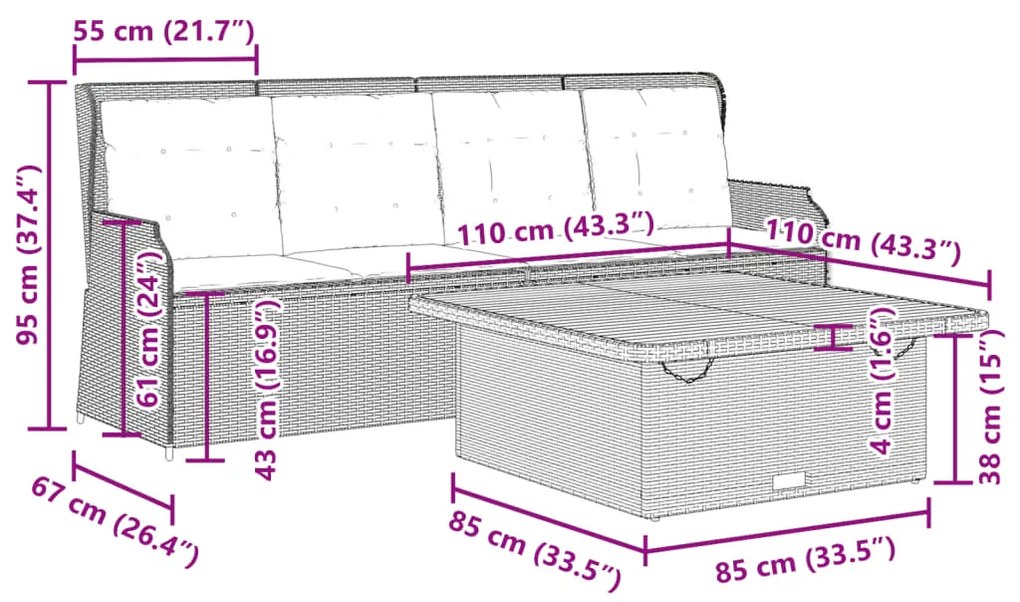 3 pcs conjunto de sofás p/ jardim com almofadões vime PE bege