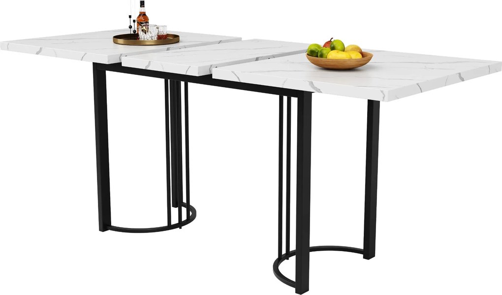 Mesa de jantar extensível com estrutura metálica, 140-179,5x80x75,5 cm, Branco+Preto