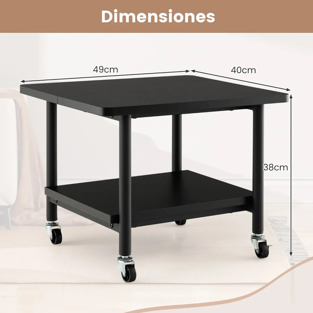 Mesa Impressora para escritório com 4 Rodas e Mecanismo Travamento com Prateleira 49 x 40 x 38 cm Preto