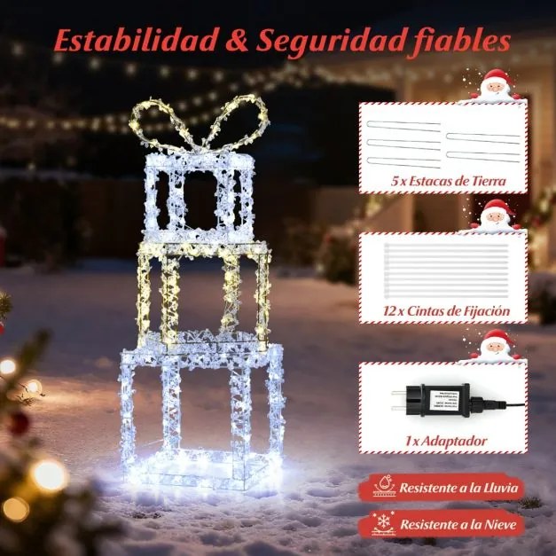 Conjunto de 3 caixas de presente de Natal pré-iluminadas com luzes LED brancas quentes e brancas frias multicoloridas