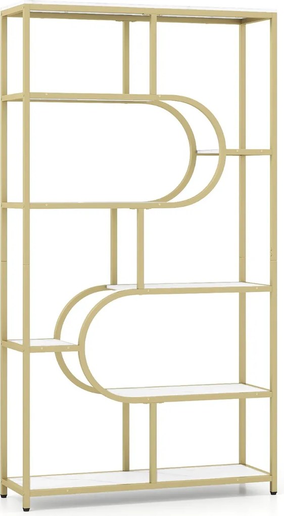 Estante de 8 prateleiras abertas 95 x 30 x 175 cm Design em forma de U Estrutura metálica Branca e Dourada