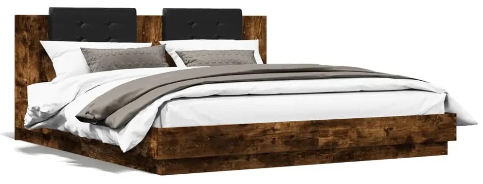 vidaXL Estrutura cama c/ cabeceira/luzes LED 160x200cm carvalho fumado