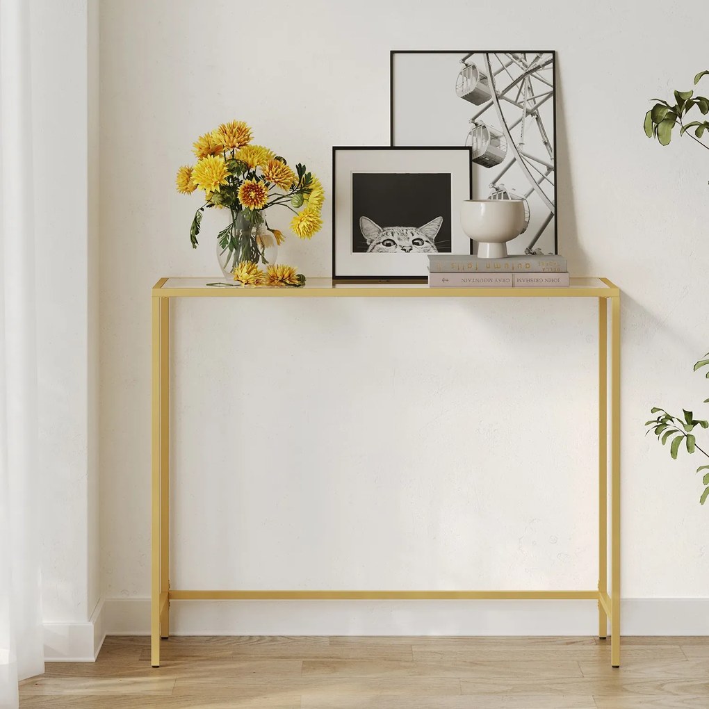 Mesa consola entrada linhas simples 35 x 100 x 80 cm vidro, aço Dourada