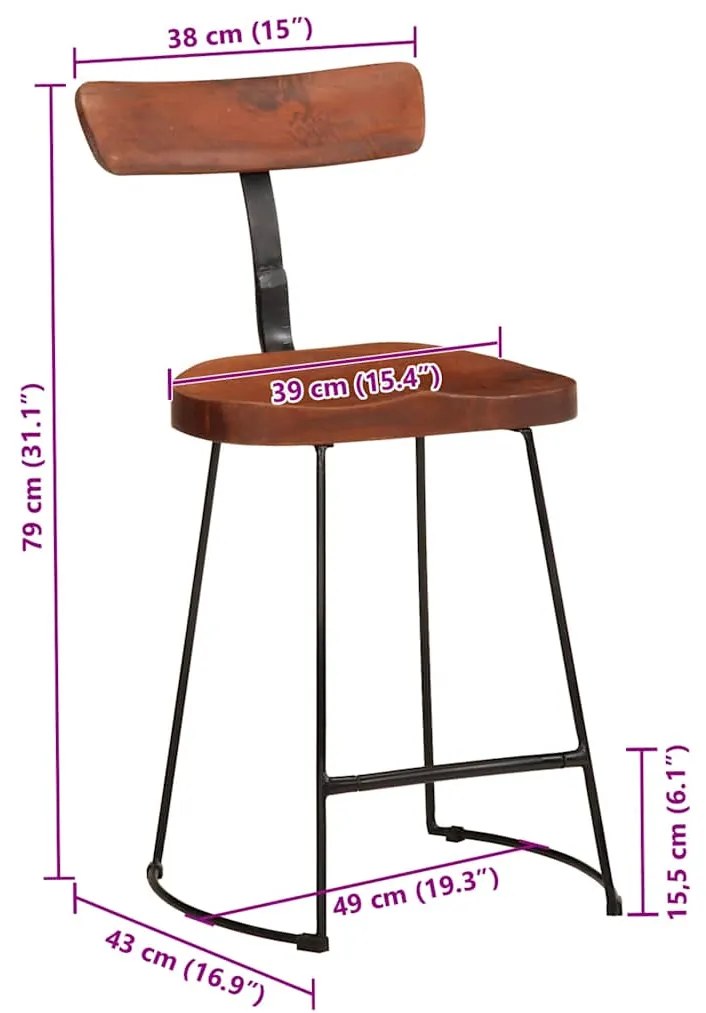 Bancos de bar 2 pcs 49x43x79 cm madeira de mangueira maciça