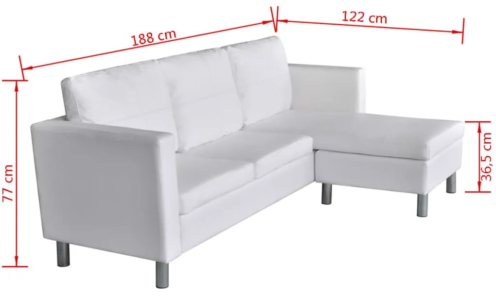 Sofá secional de 3 lugares couro artificial branco