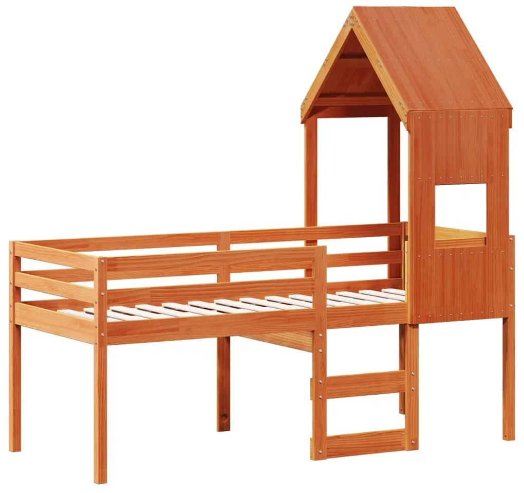 Cama alta com telhado 90x190 cm pinho maciço castanho-mel