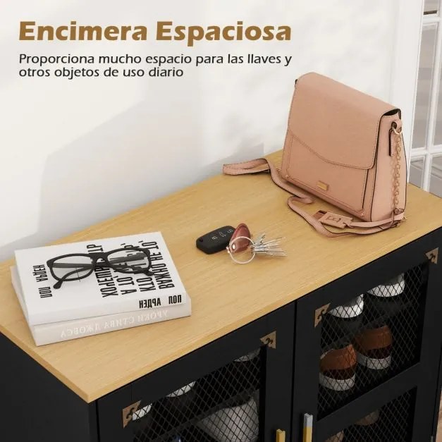 Sapateira com 5 níveis 70 x 35 x 93 cm e portas de malha Organizador moderno para sapatos em madeira com prateleiras ajustáveis e pés pretos