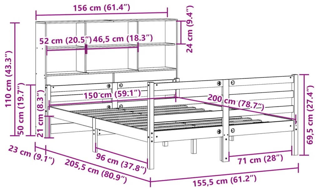 Cama com estante sem colchão 150x200 cm pinho maciço