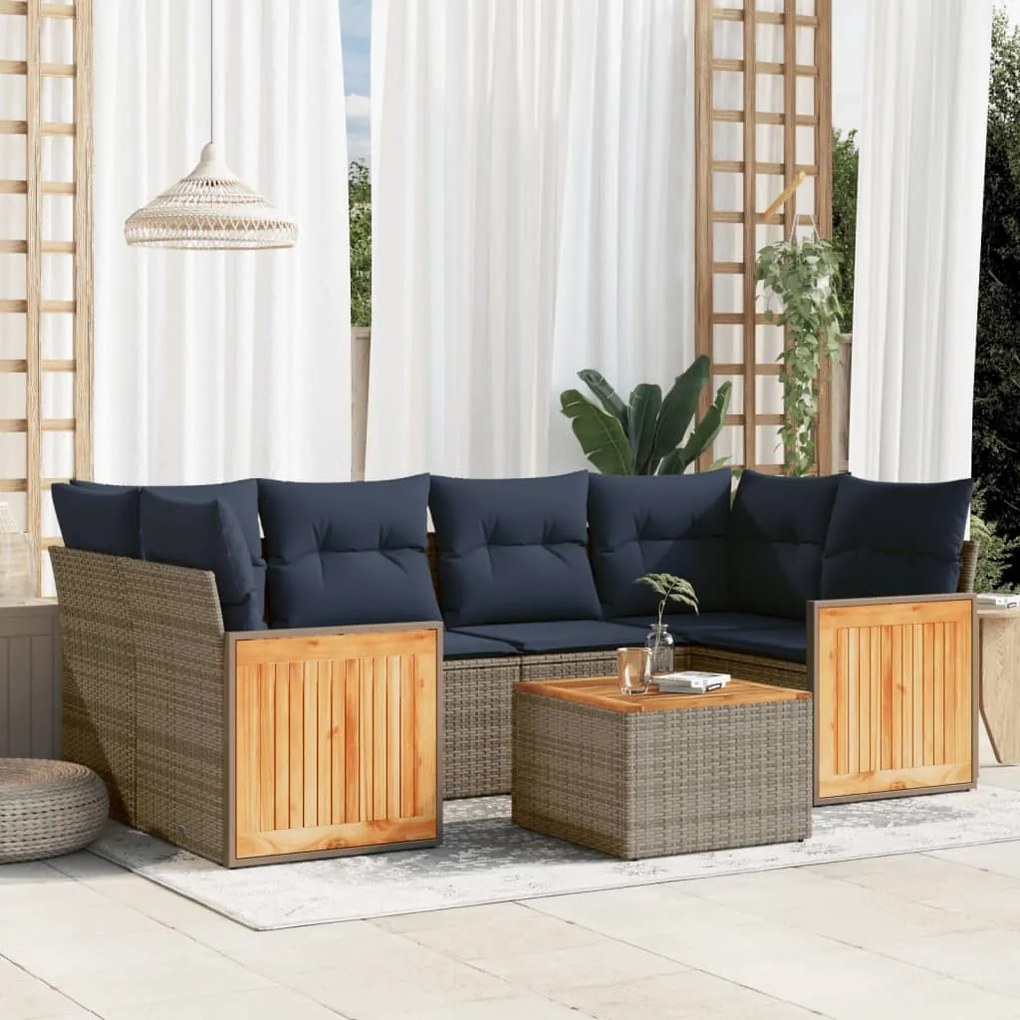vidaXL 7 pcs conjunto sofás p/ jardim c/ almofadões vime PE cinzento