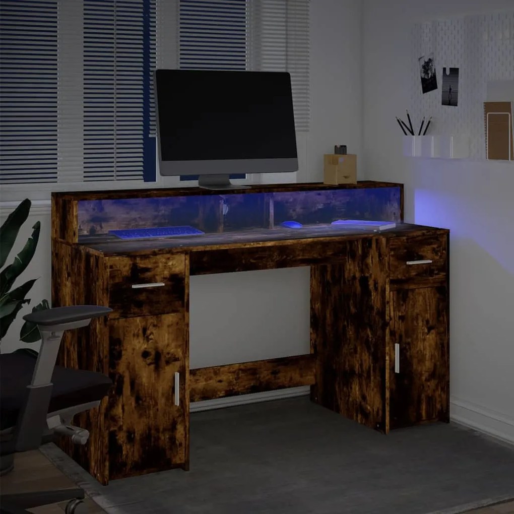 Secretária luzes LED 140x55x91cm deriv. madeira carvalho fumado