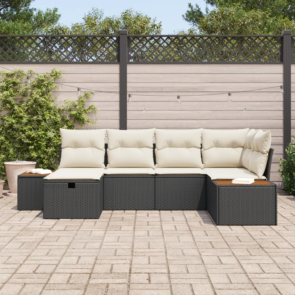 Conjunto de Sofá de Jardim 6 Peças com Almofadas Preto Polirattan