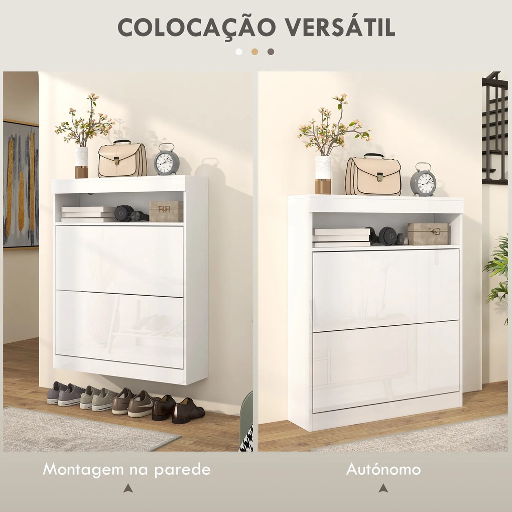 Móvel Sapateira de Entrada com Luzes LED Prateleira Aberta e 2 Gavetas Basculantes para 12-16 Pares 80x24x99,5 cm Branco Brilhante