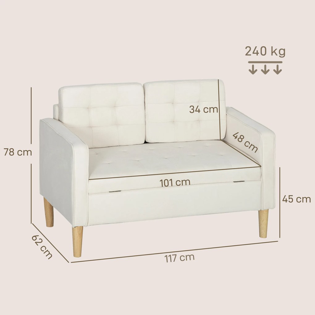 Sofá de 2 Lugares com Espaço de Armazenamento Pés de Madeira Encosto Capitonê 117x62x78 cm Creme