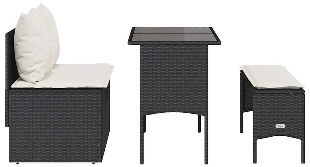 3 pcs conjunto de jantar p/ jardim c/ almofadões vime PE preto