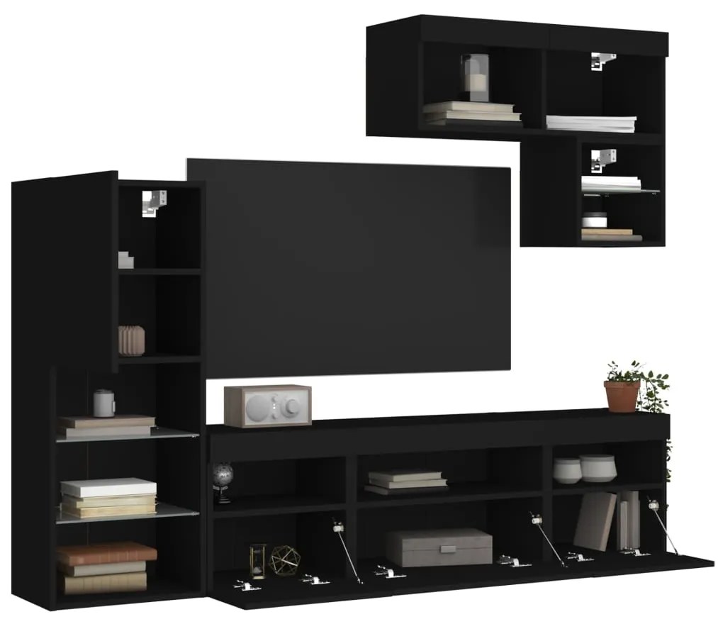 vidaXL 6 pcs móveis de parede p/ TV c/ LEDs derivados de madeira preto