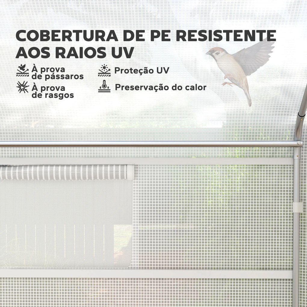 Estufa tipo Túnel 4x3x2 m Estufa de Exterior com 2 Janelas Cobertura PE Anti UV e 1 Porta de Enrolar Branco