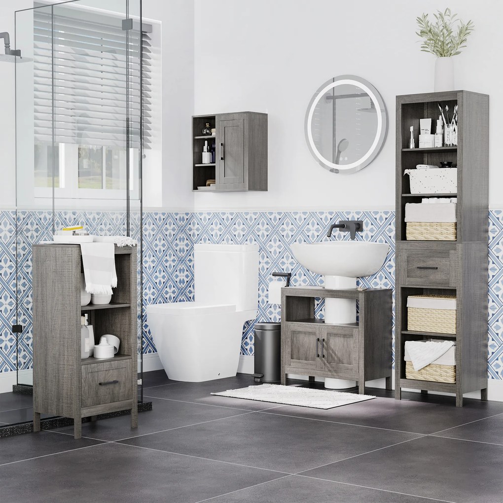 kleankin Coluna Casa de Banho com 1 Gaveta e Prateleiras Abertas Móvel Auxiliar de Armazenamento para Sala de Estar Dormitório Anti-Tombo 42x30x170cm Cinza