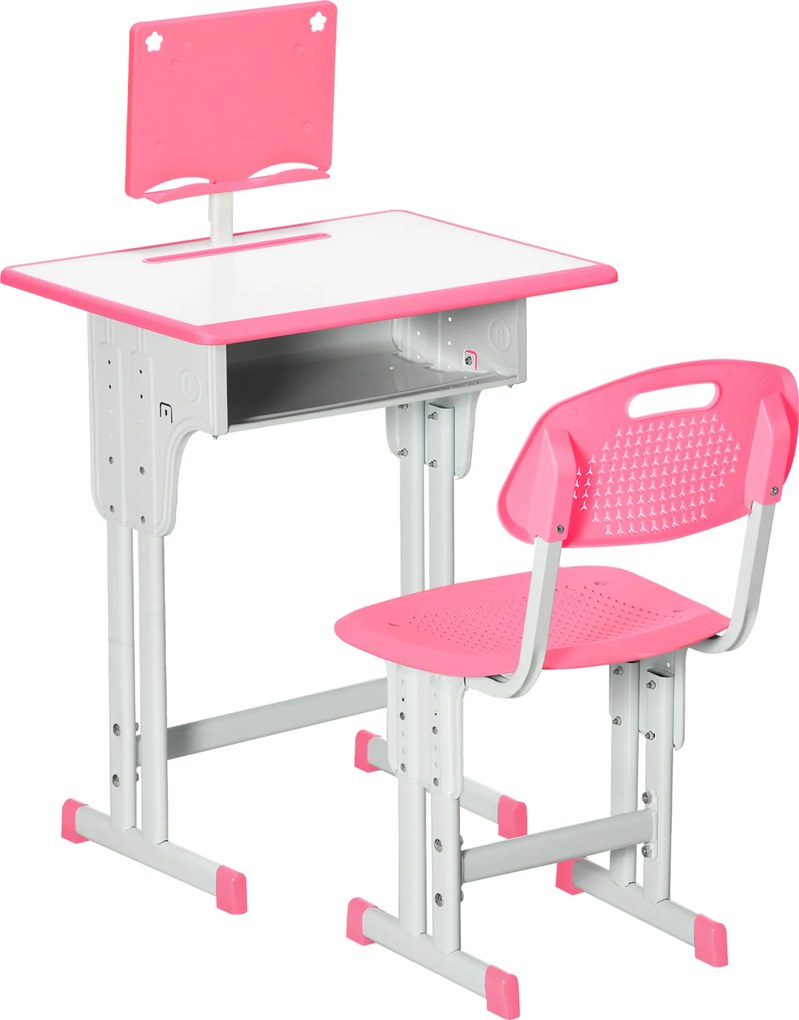 Conjunto de Secretária e Cadeira para Crianças com Altura Ajustável 1 Gaveta e 1 Prateleira para Livros 60x45x90-120 cm Rosa