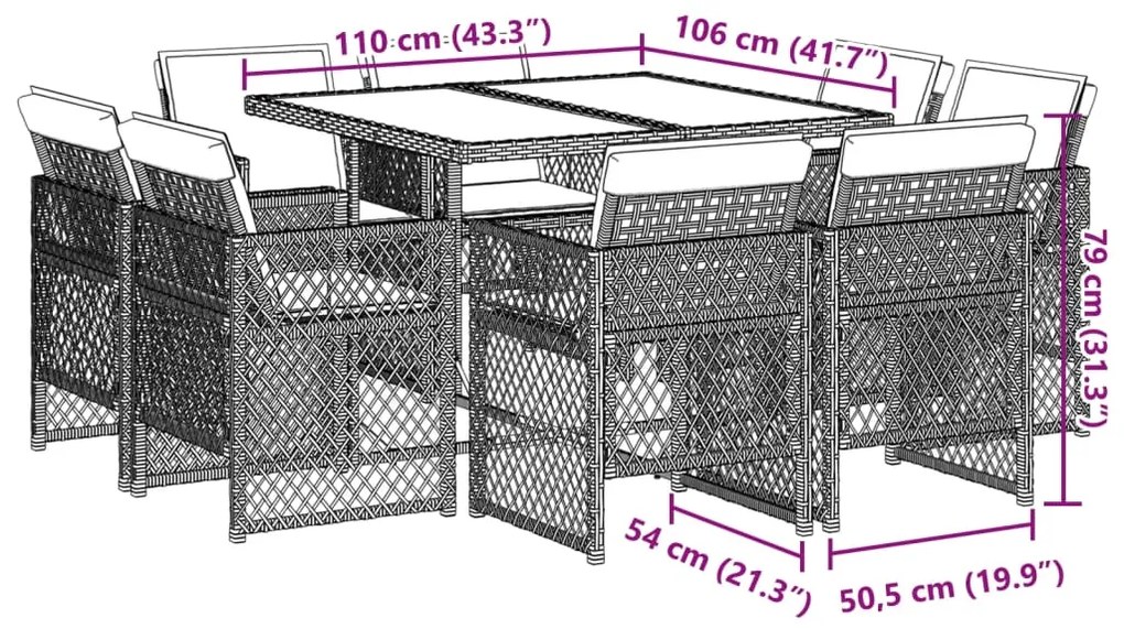 9 pcs conjunto de jantar p/ jardim c/ almofadões cinzento claro