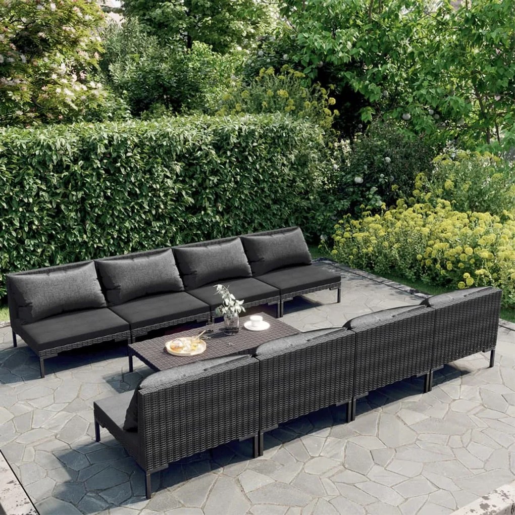 vidaXL 9 pcs conj. lounge jardim c/ almofadões vime PE cinzento-escuro