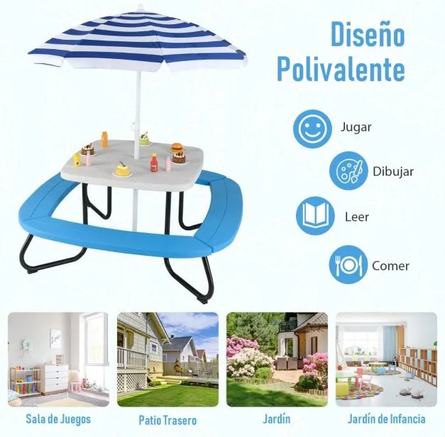 Mesa de atividades jardim crianças com guarda-sol ajustável e dobrável, 4 bancos incorporados até 8 crianças, 125 × 125 × 100-160 cm branca