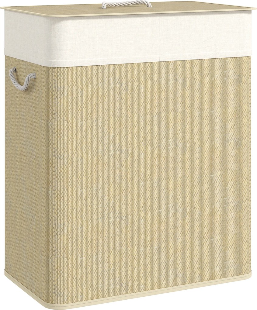 Cesto de roupa suja duplo com tampa 52 x 32 x 63 cm, cesto de roupa suja em bambu de 100 L com alças de corda creme