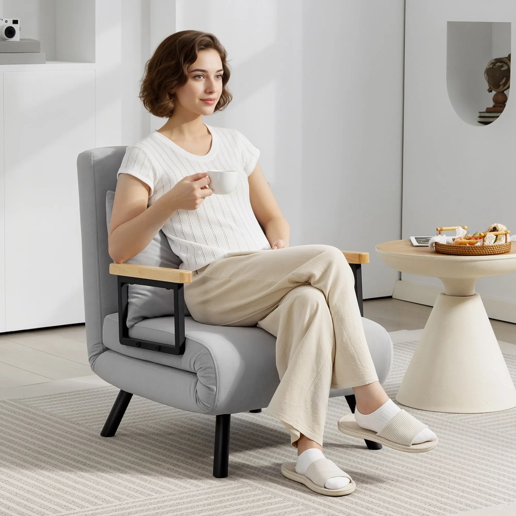 Poltrona Convertível em Cama Poltrona 3 em 1 Convertível em Cama com Encosto Ajustável em 5 Níveis 63x73x81 cm Cinza Claro