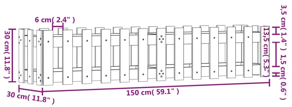 Canteiro elevado c/ design de cerca 150x30x30 cm pinho maciço