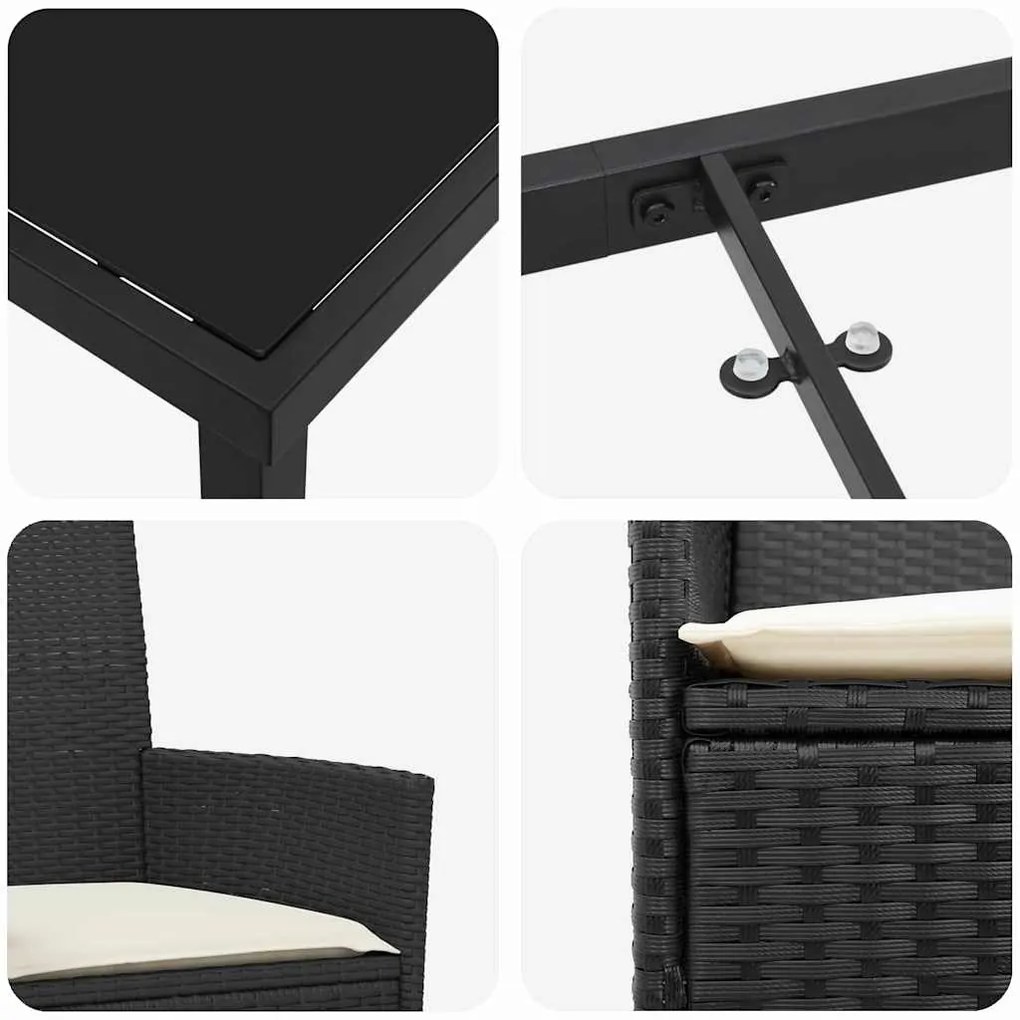 Conjunto de Jantar de Jardim de 3 Peças com Almofadas Preto em Rattan