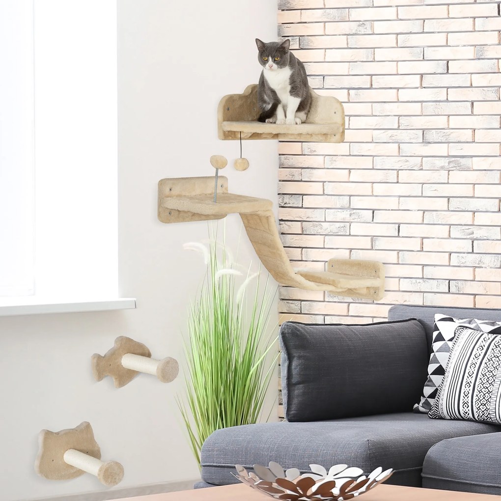 Conjunto de Prateleiras de Escalada para Gatos de 4 Peças com 2 Postes de Sisal e Plataforma para Saltar Bege