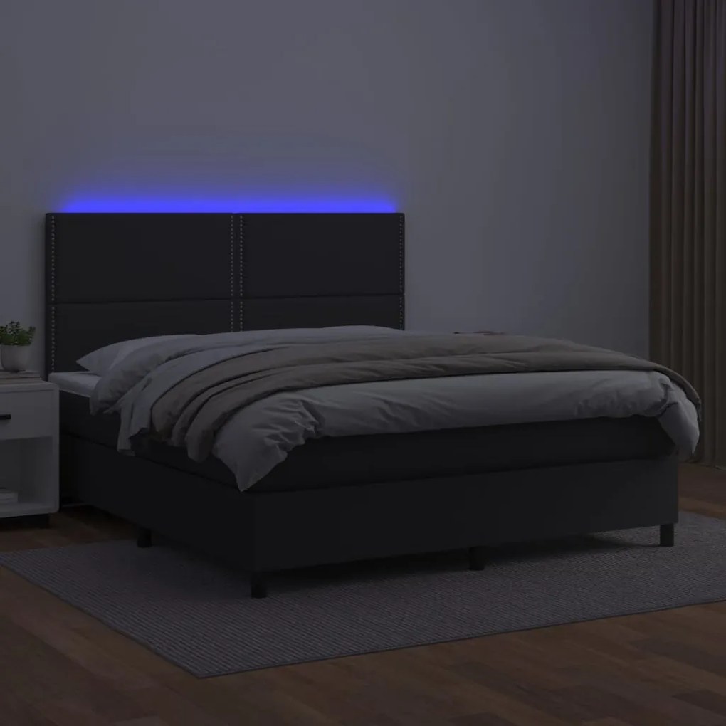 Cama box spring c/ colchão/LED 180x200cm couro artificial preto