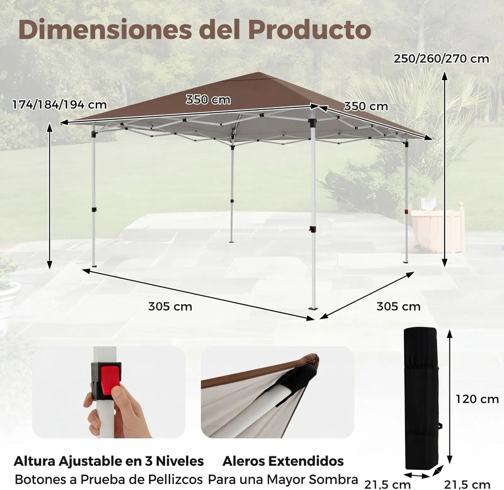 Tenda de Jardim Dobrável Emergente, 350 x 352 x 250 cm, Altura Ajustável em 3 Posições, Castanho