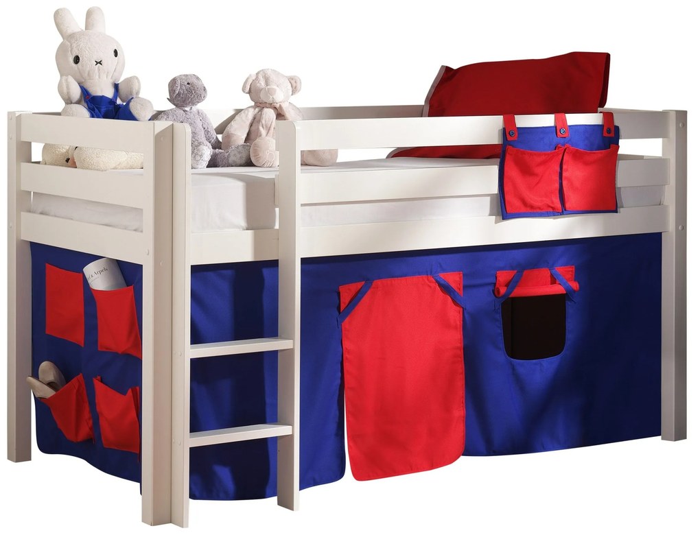 Conjunto Cama alta de Criança PINO 90 x 200 cm + estrado + escada + cortina Domino Branca