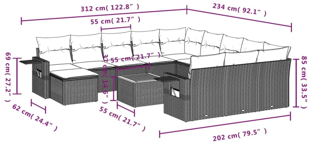 13 pcs conjunto de sofás de jardim com almofadões vime PE preto