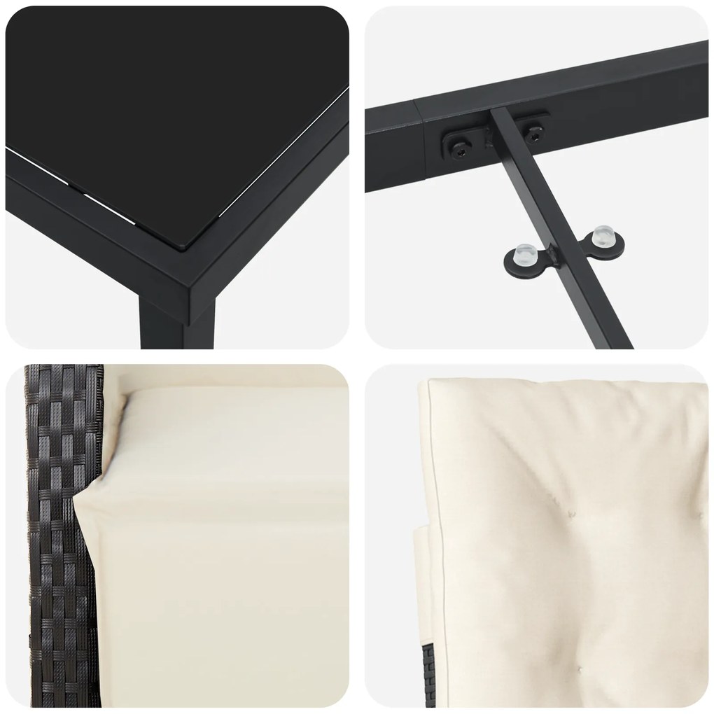 Conjunto de Jantar de 3 Peças vidaXL com Almofadas em Rattan Preto