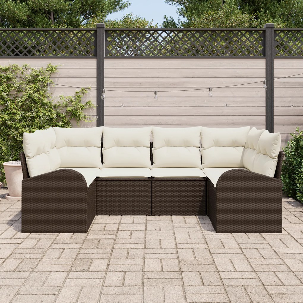 Conjunto de Sofás de Jardim 6 Peças com Almofadas Vime Castanho Poliés