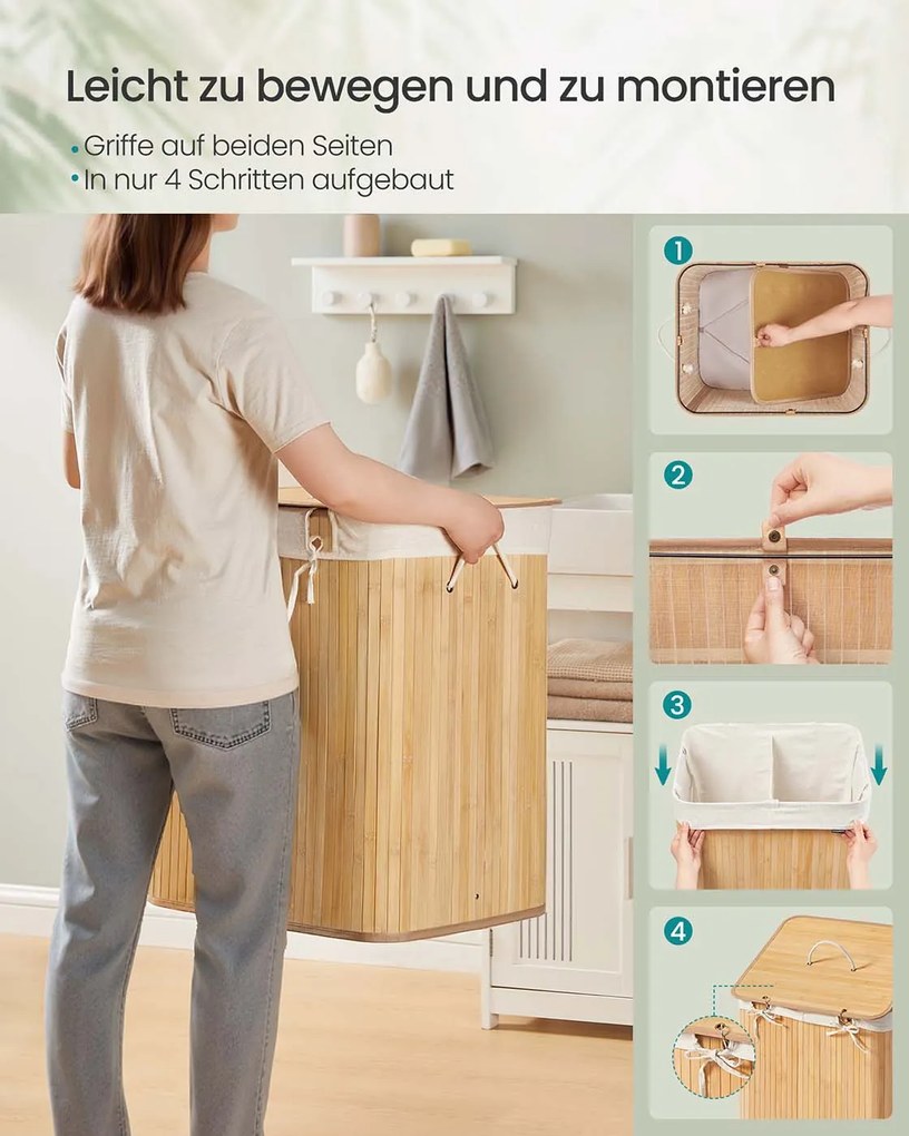 Cesto para roupa suja em bambu com 2 compartimentos 50 x 40 x 61 cm cor natural