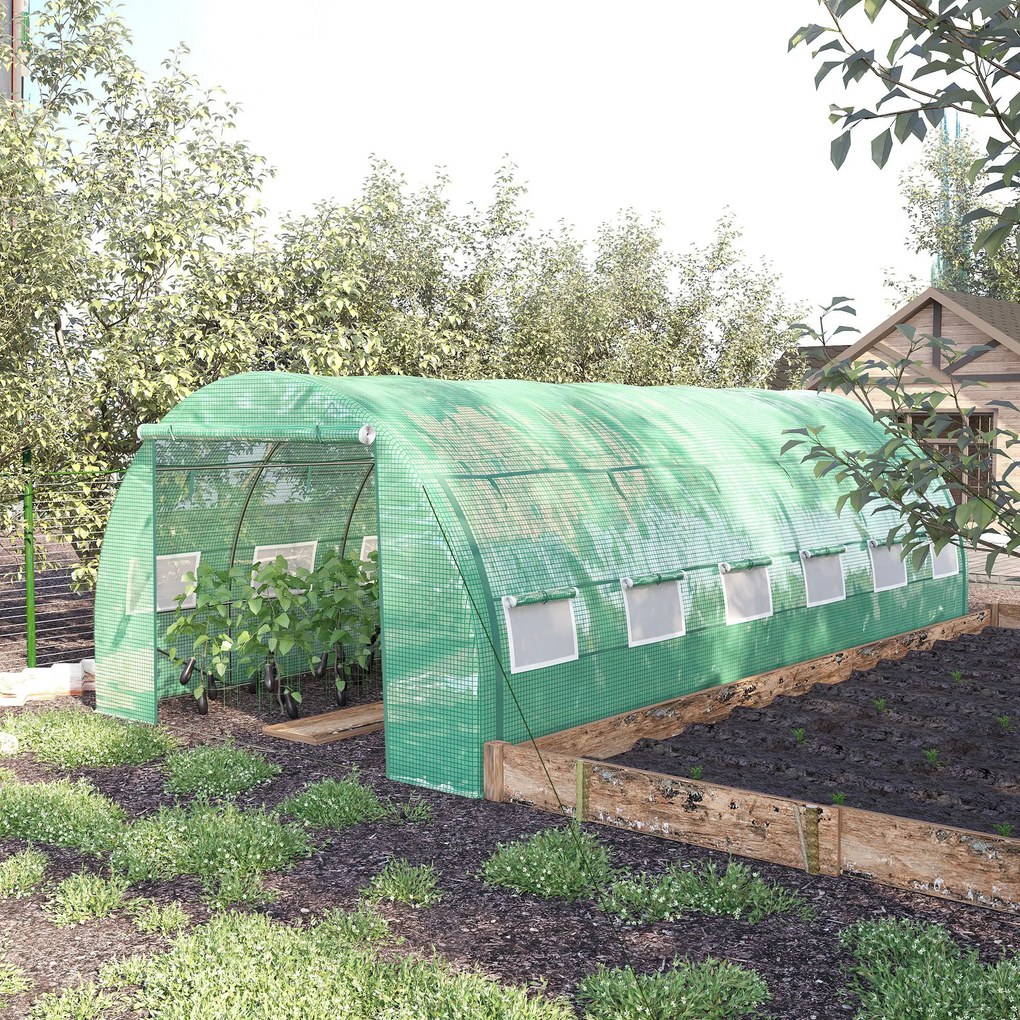 Estufa de jardim tipo túnel  4 x 3 x 2 m com 18 m², com porta, paredes laterais enroláveis, 12 janelas em aço e PE, verde