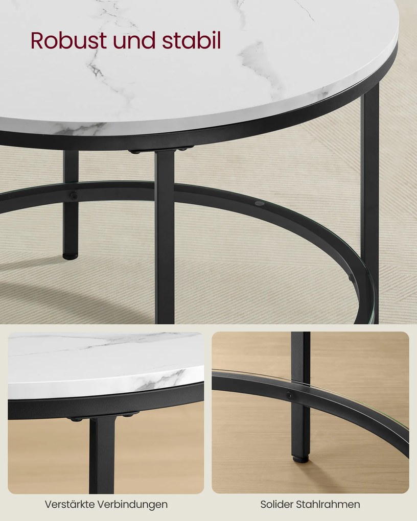 Mesa de centro de 2 níveis com tampo de vidro imitação mármore 65 x 46 cm (Ø x H) branco e Preto