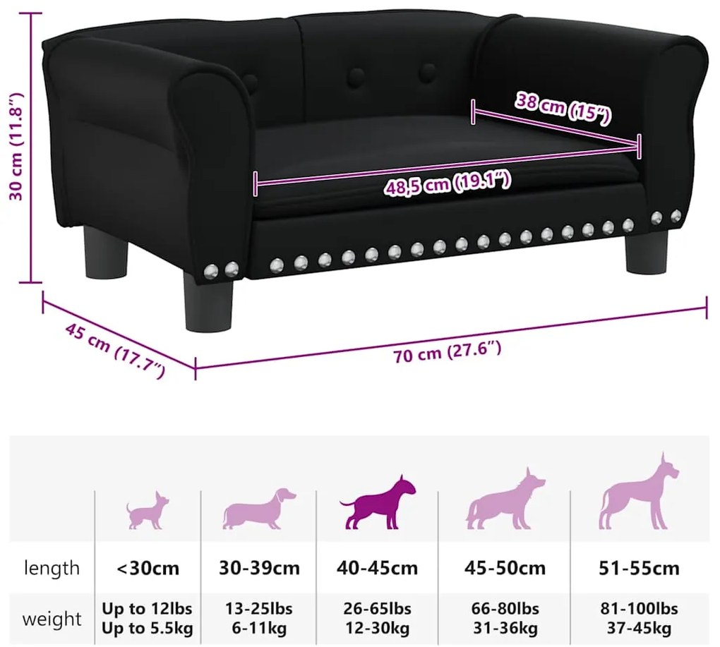 Cama para cães 70x45x30 cm couro artificial preto