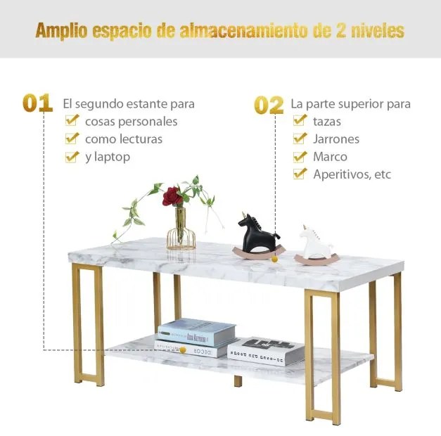 Mesa de centro com tampo imitação mármore com 2 níveis e pernas metálicas 100 x 49,5 x 45 cm Dourada e Branca